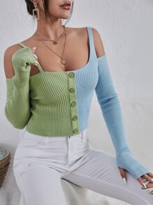 Two Tone Cold Shoulder Thumb Hole Jumper - Multicolor - View 3