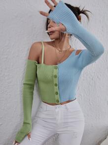 Two Tone Cold Shoulder Thumb Hole Jumper - Multicolor - View 4