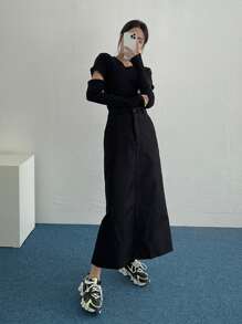 DAZY Áo thun Cắt ra Gân đan màu trơn Giải trí - màu đen - Xem 1