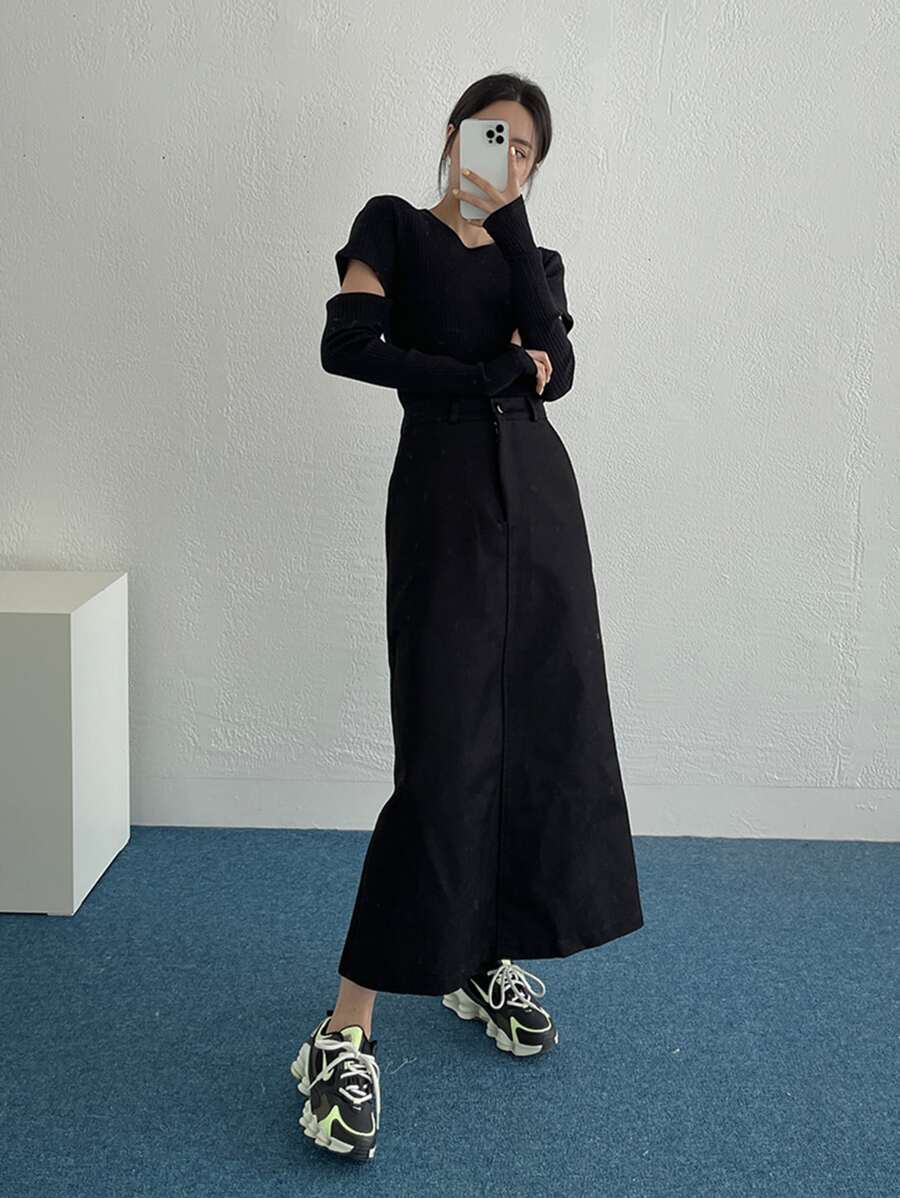 DAZY Áo thun Cắt ra Gân đan màu trơn Giải trí - màu đen - Xem 1