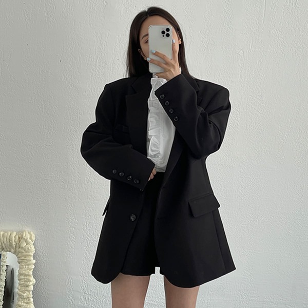 

Lapel Neck Button Detail Solid Blazer, Black