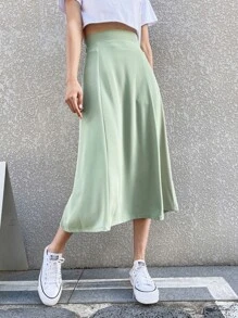 DAZY Solid High Waist Flared Skirt - Mint Green - View 1