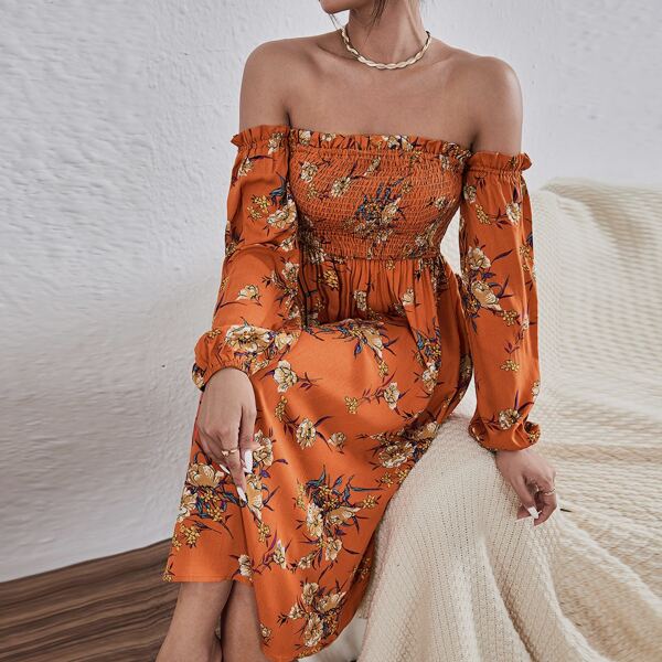 

Floral Print Off Shoulder Shirred Dress, Burnt orange