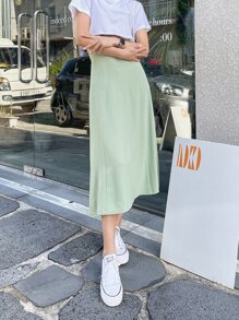 DAZY Solid High Waist Flared Skirt - Mint Green - View 5