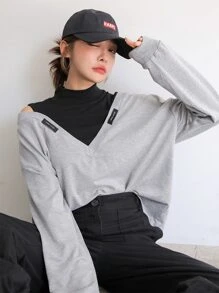 DAZY Áo nỉ Đắp vá Khối Màu Giải trí - Xám - Xem 1