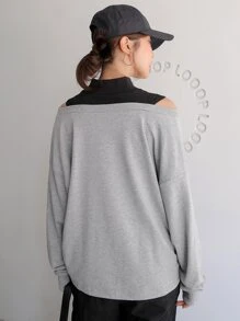 DAZY Áo nỉ Đắp vá Khối Màu Giải trí - Xám - Xem 2