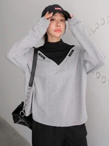 DAZY Áo nỉ Đắp vá Khối Màu Giải trí - Xám - Xem 3