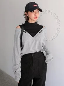 DAZY Áo nỉ Đắp vá Khối Màu Giải trí - Xám - Xem 4