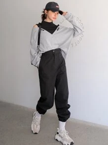 DAZY Áo nỉ Đắp vá Khối Màu Giải trí - Xám - Xem 5