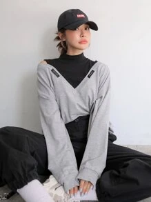 DAZY Áo nỉ Đắp vá Khối Màu Giải trí - Xám - Xem 6