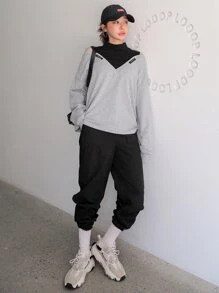 DAZY Áo nỉ Đắp vá Khối Màu Giải trí - Xám - Xem 8