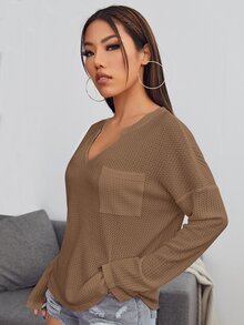 SHEIN LUNE Notched Neck Pocket Front Waffle Knit Top - Brown - View 3