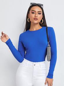 SHEIN BASICS Ribbed Form-Fitting Long Sleeve Tee - Royal Blue - View 1