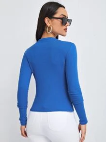 SHEIN BASICS Ribbed Form-Fitting Long Sleeve Tee - Royal Blue - View 2