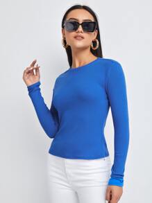 SHEIN BASICS Ribbed Form-Fitting Long Sleeve Tee - Royal Blue - View 3