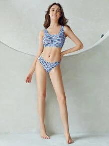 Conjunto de lencería sin costuras con estampado de peces que incluye bra y panty - Azul - Ver 3