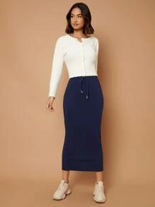 Mulvari Váy nữ Dây kéo Chia màu trơn Giải trí - Màu xanh hải quân - Xem 4