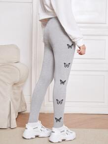 SHEIN Chicas adolescentes Leggings con estampado de mariposa de cintura ancha - Gris Claro - Ver 2