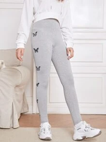 SHEIN Chicas adolescentes Leggings con estampado de mariposa de cintura ancha - Gris Claro - Ver 5