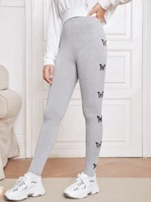 SHEIN Chicas adolescentes Leggings con estampado de mariposa de cintura ancha - Gris Claro - Ver 6