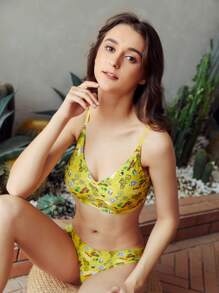 Conjunto de lencería sin costuras con sujetador y ropa interior de estampado variado - Amarillo - Ver 5