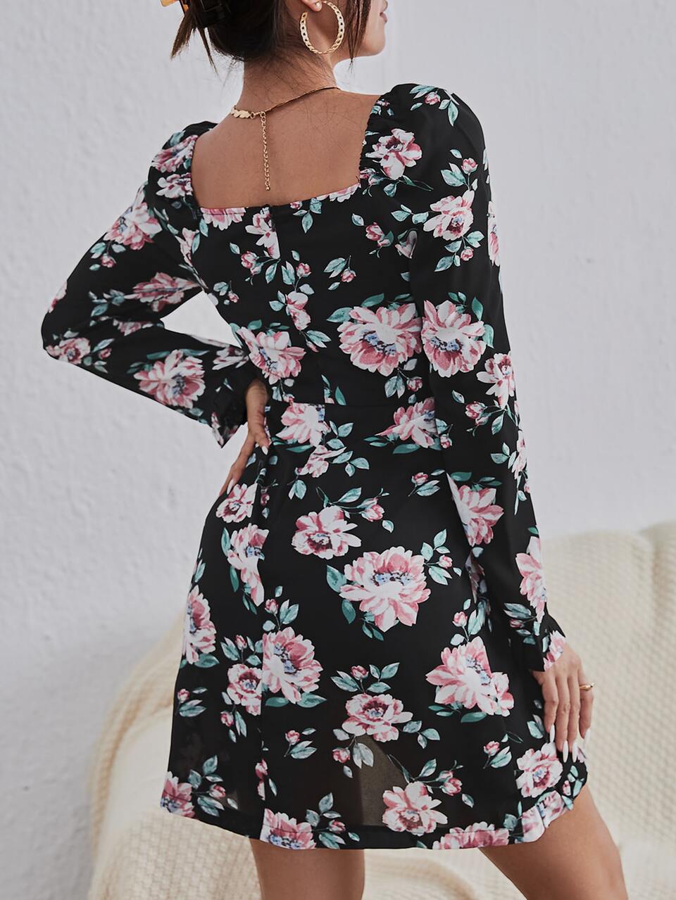 Floral Print Sweetheart Neck Ruffle Trim Dress