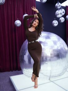 SHEIN Surplice Neck Solid Bodycon Dress Without Belt - Chocolate Brown - View 7