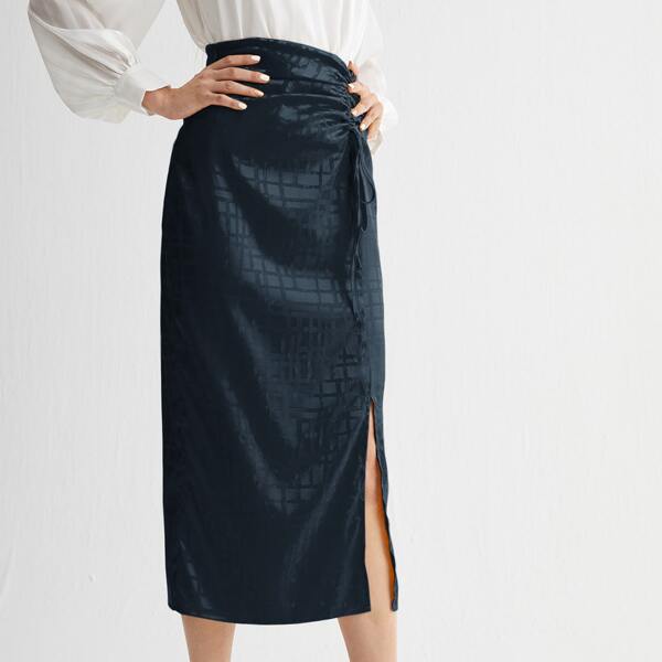

Drawstring Ruched Split Hem Jacquard Skirt, Dark green
