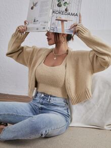 Muchica Drop Shoulder Cardigan With Knit Top - Khaki - View 3