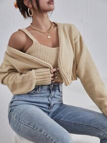 Muchica Drop Shoulder Cardigan With Knit Top - Khaki - View 5