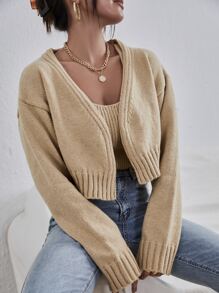 Muchica Drop Shoulder Cardigan With Knit Top - Khaki - View 6