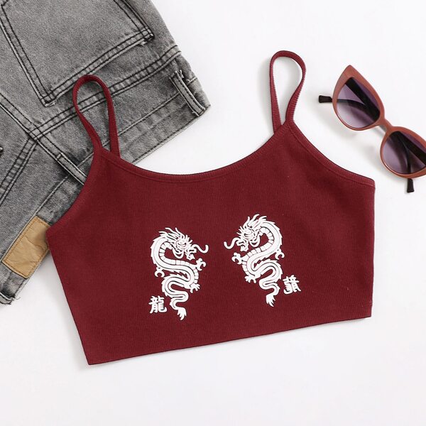 

Dragon Graphic Cropped Cami Top, Burgundy