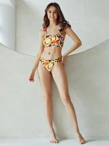 Tropical & Letter Print No Show Microfiber Bra & Panty Lingerie Set - Multicolor - View 3