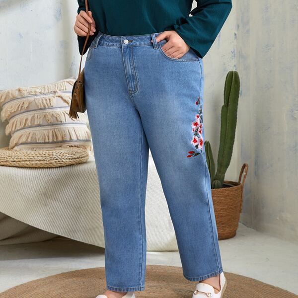 

Plus Floral Embroidery Straight Leg Jeans, Dark wash