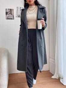 SHEIN Essnce Double Breasted Slant Pocket Overcoat - Grey - View 6