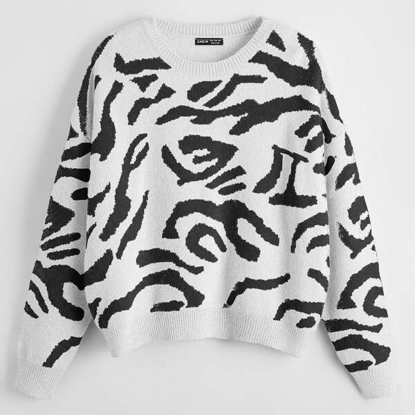 

Allover Pattern Drop Shoulder Sweater, White