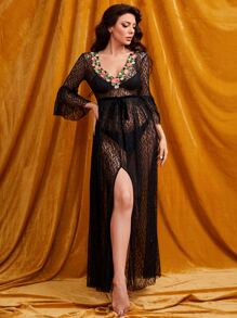 SHEIN Unity Váy ngủ & áo ngủ Nữ Thắt lưng Nghề thêu Xù cắt Hoa Gợi cảm - màu đen - Xem 4