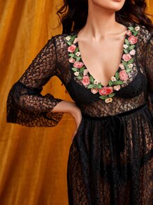 SHEIN Unity Váy ngủ & áo ngủ Nữ Thắt lưng Nghề thêu Xù cắt Hoa Gợi cảm - màu đen - Xem 3