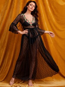 SHEIN Unity Váy ngủ & áo ngủ Nữ Thắt lưng Nghề thêu Xù cắt Hoa Gợi cảm - màu đen - Xem 6