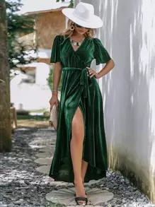 Simplee 蝴蝶袖圍裹側打結高低下擺連衣裙 - 墨綠色 - 查看 1