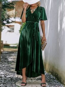 Simplee 蝴蝶袖圍裹側打結高低下擺連衣裙 - 墨綠色 - 查看 4