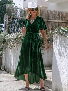 Simplee 蝴蝶袖圍裹側打結高低下擺連衣裙 - 墨綠色 - 查看 6