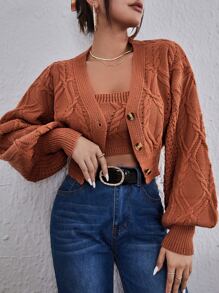 SHEIN Essnce 麻花編織抹胸和燈籠袖前紐扣短款開衫套裝 - 鏽棕色 - 查看 1