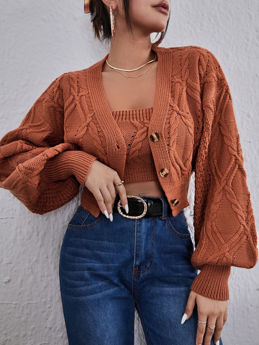 SHEIN Essnce 麻花編織抹胸和燈籠袖前紐扣短款開衫套裝 - 鏽棕色 - 查看 1