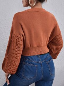 SHEIN Essnce 麻花編織抹胸和燈籠袖前紐扣短款開衫套裝 - 鏽棕色 - 查看 2