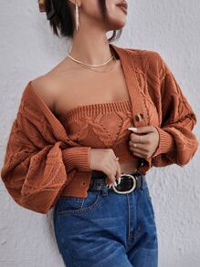 SHEIN Essnce 麻花編織抹胸和燈籠袖前紐扣短款開衫套裝 - 鏽棕色 - 查看 3