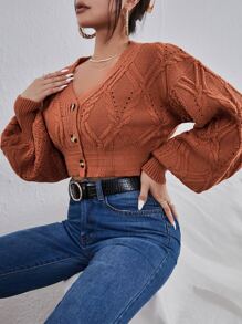 SHEIN Essnce 麻花編織抹胸和燈籠袖前紐扣短款開衫套裝 - 鏽棕色 - 查看 4