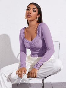 SHEIN Privé Sweetheart Neck Frill Trim Ruched Top - Lilac Purple - View 1