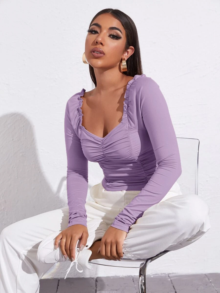 SHEIN Privé Sweetheart Neck Frill Trim Ruched Top - Lilac Purple - View 1