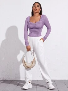 SHEIN Privé Sweetheart Neck Frill Trim Ruched Top - Lilac Purple - View 3